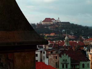 This is in Brno, the second largest city in the Czech Republic.  I'm positioned on top of the Brno cathedral (I had it all to myself) and you can see Silberk Castle in the background.